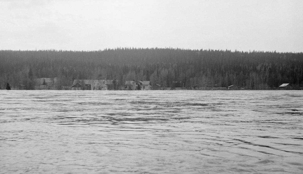 Fra flommen i Glåma/Glomma i 1934. Dette fotografiet ble tatt 6. mai, over et bredt, hurtigstrømmende elveløp i nærheten av Rena i Åmot. På motsatt side skimter vi et gardstun og et par mindre hus, muligens løer, som lå helt i vannkanten.