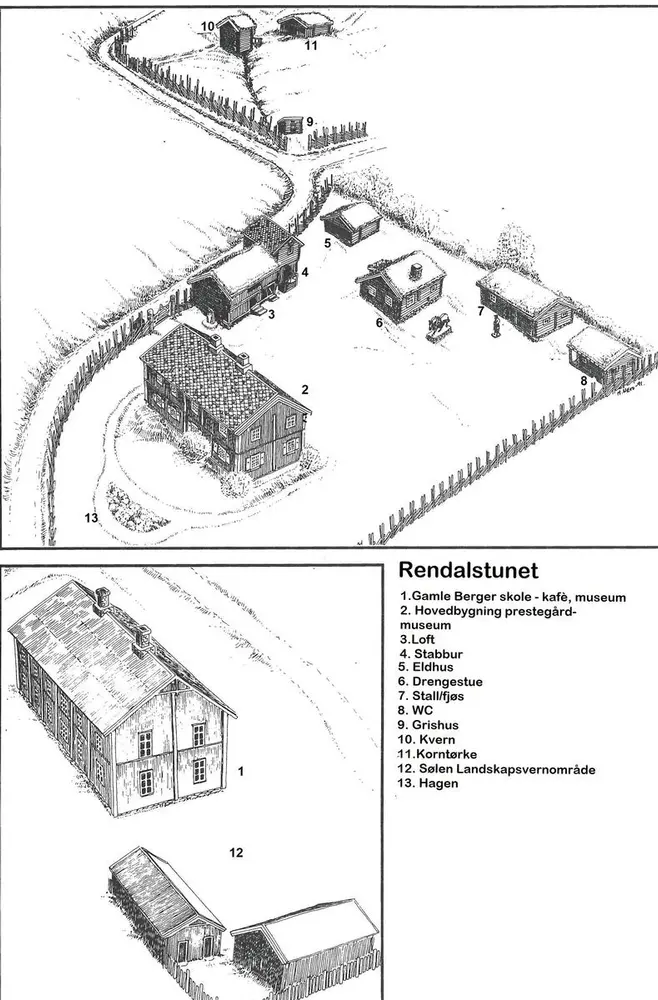 tegning som viser bygningene på rendalstunet