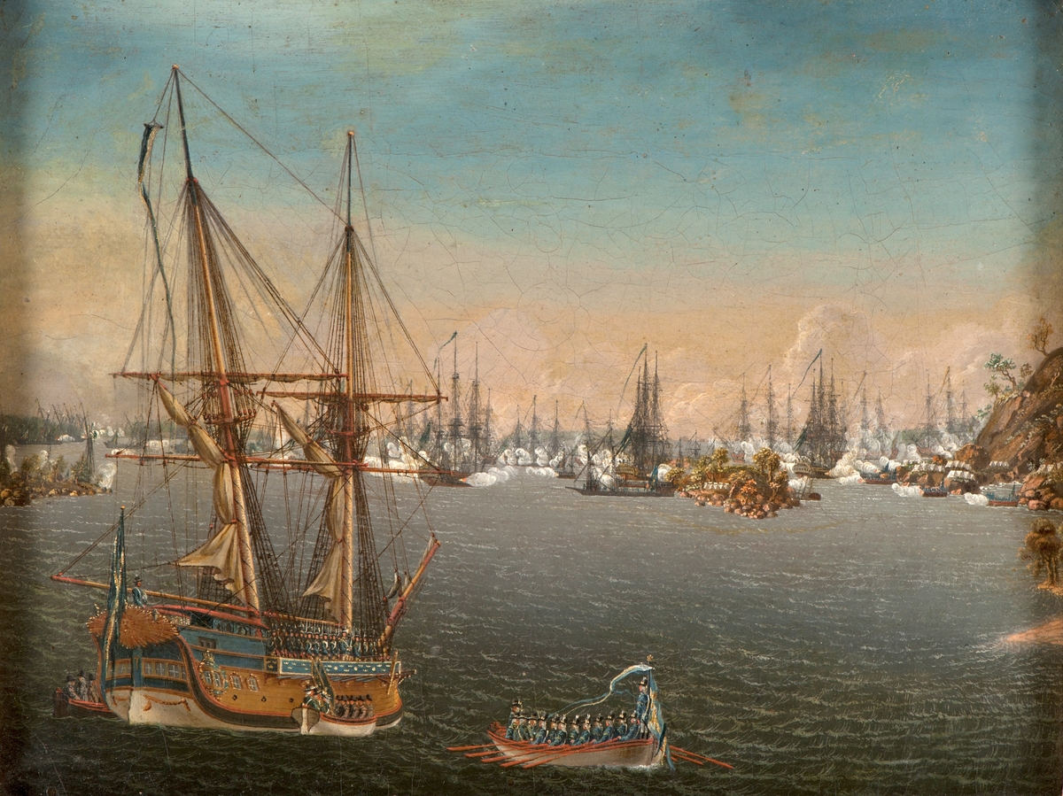 "Konung Gustaf III:s afresa ifrån skärgårdsflottan den 18:e Aug. 1790. Dess Slup roddes af Armeens Flottas Officerare."
