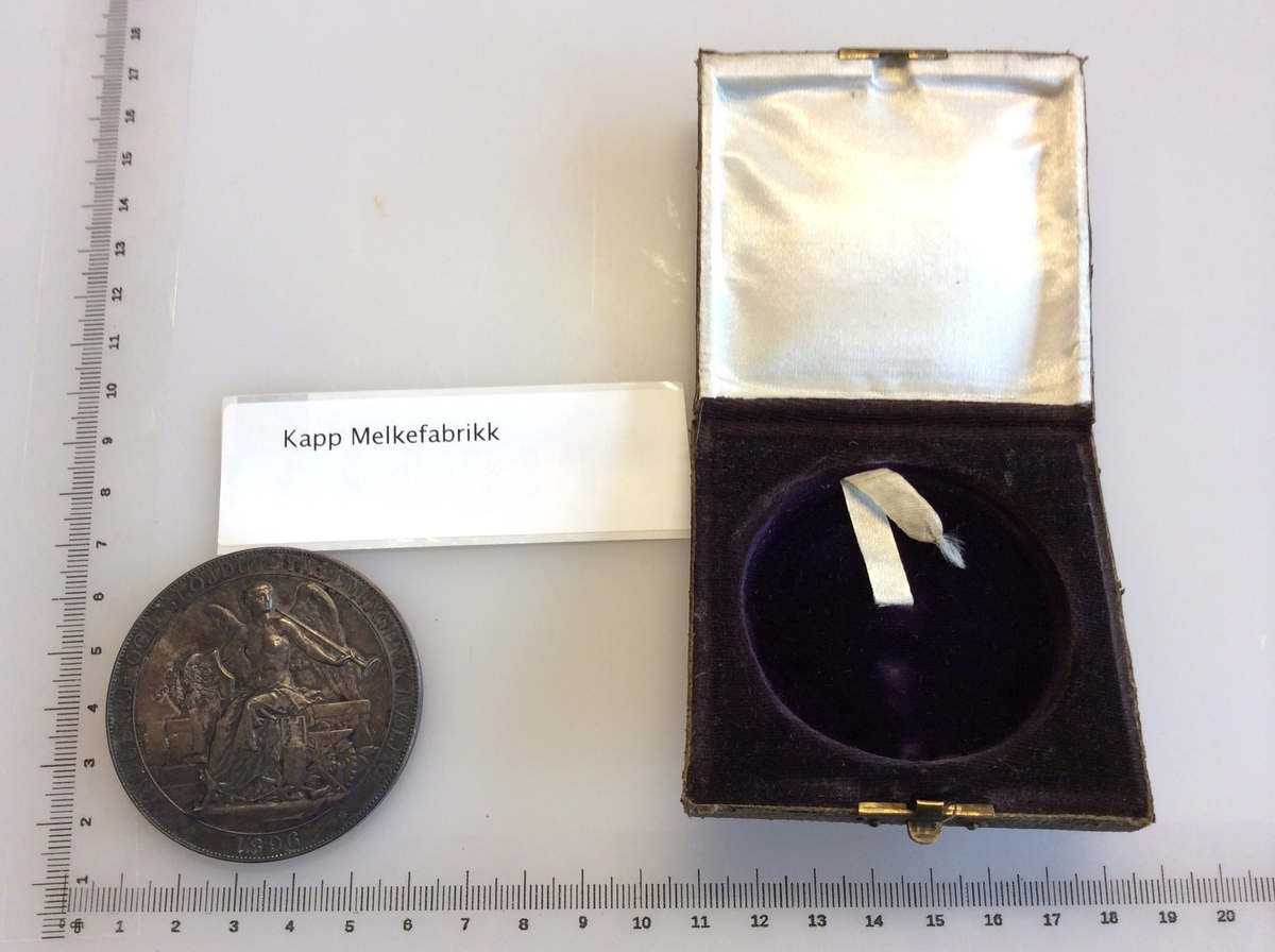 Etui med gråfarget mynt avbildet med Oscar II Norges konge på en side og en karakter fra gresk eller romersk mytologi på andre siden.