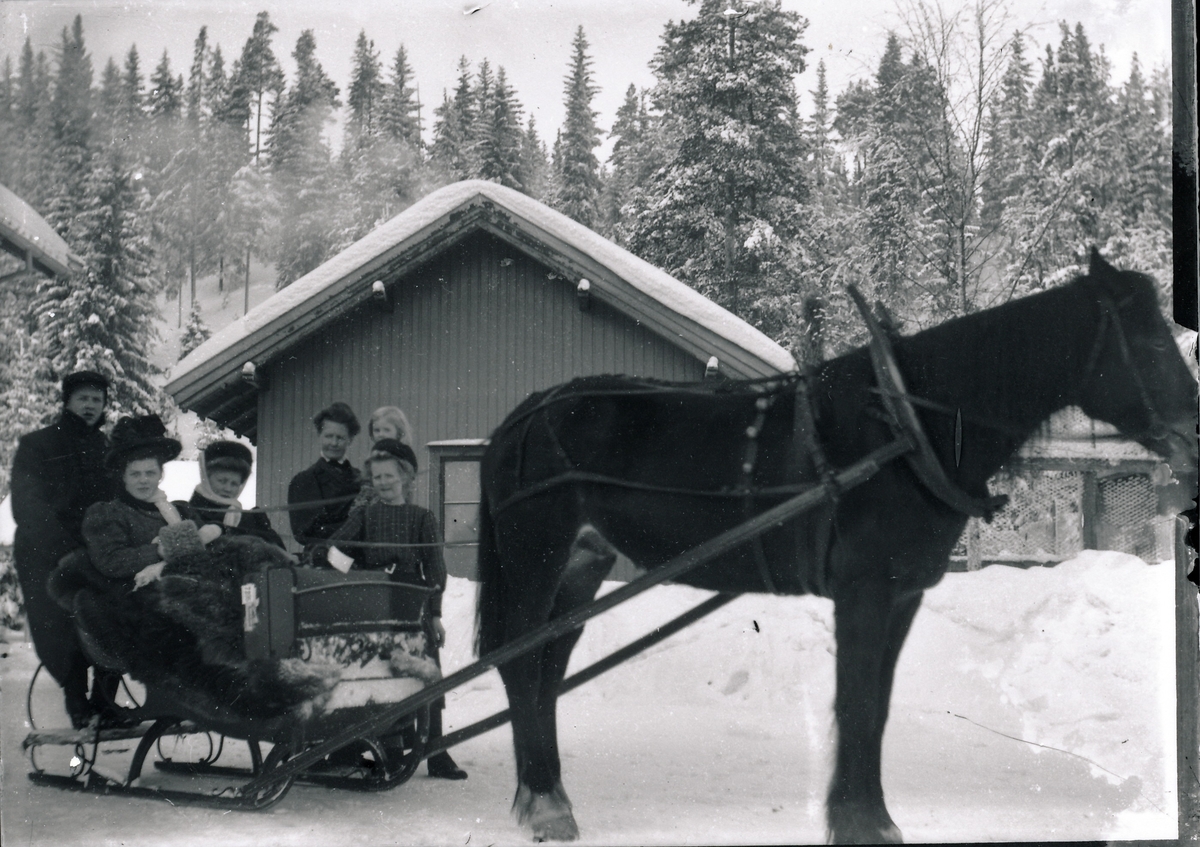 Dølahest med slede på gårdsplassen utenfor bestyrervillaen ved Kistefos Træsliberi. To vinterkledde kvinner sitter i sleden, og Harald Rydgren sitter på hundsvotten.  Nicoline Rydgren med Inger Elisabeth Rydgtren på armen. Ved siden av står en ung kvinne. Uthus og snøkledd skog i bakgrunnen.