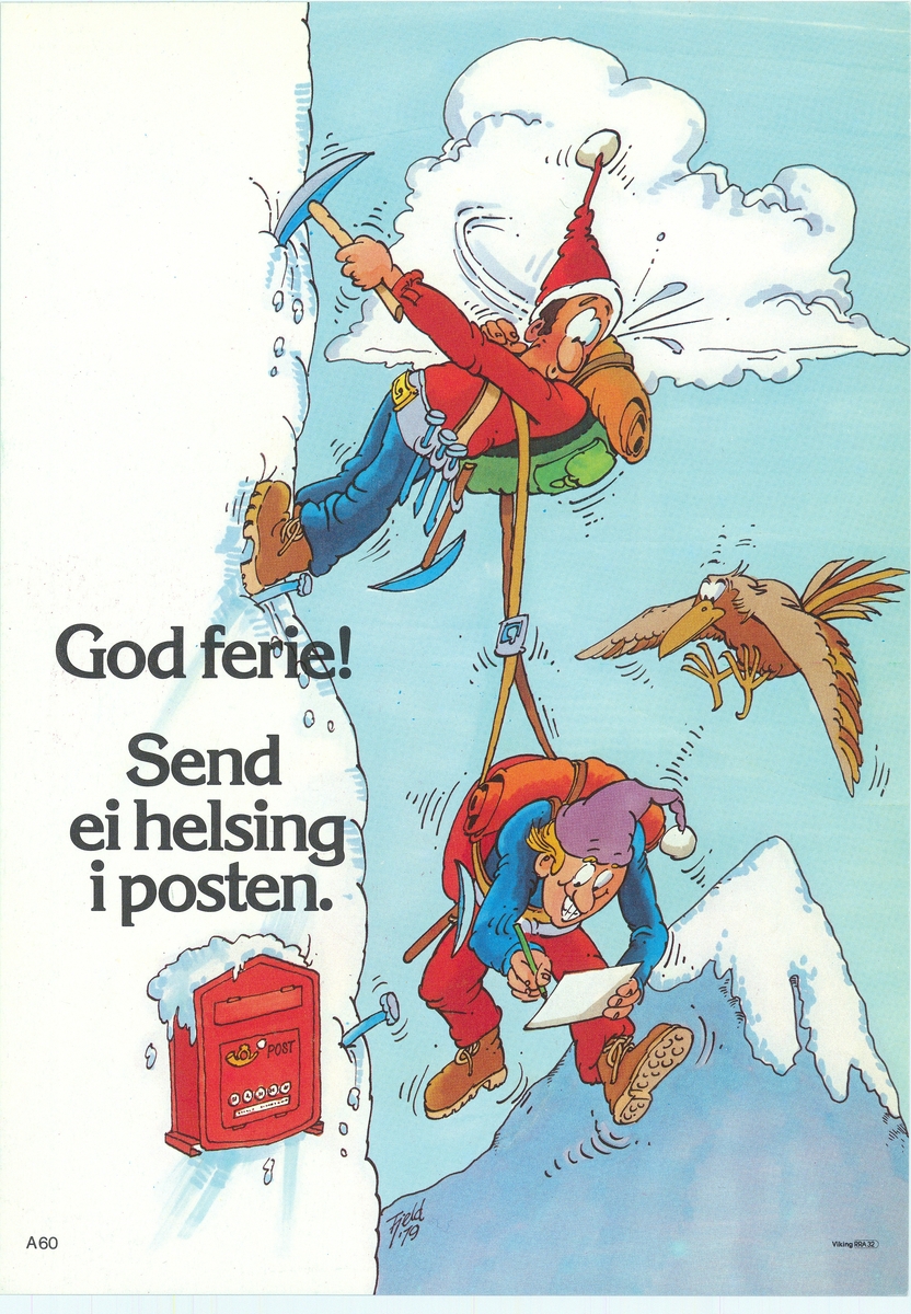 Tosidig plakat med tekst på bokmål og nynorsk på hver sin side. Lik utforming på begge sider med tegnet motiv og tekst.