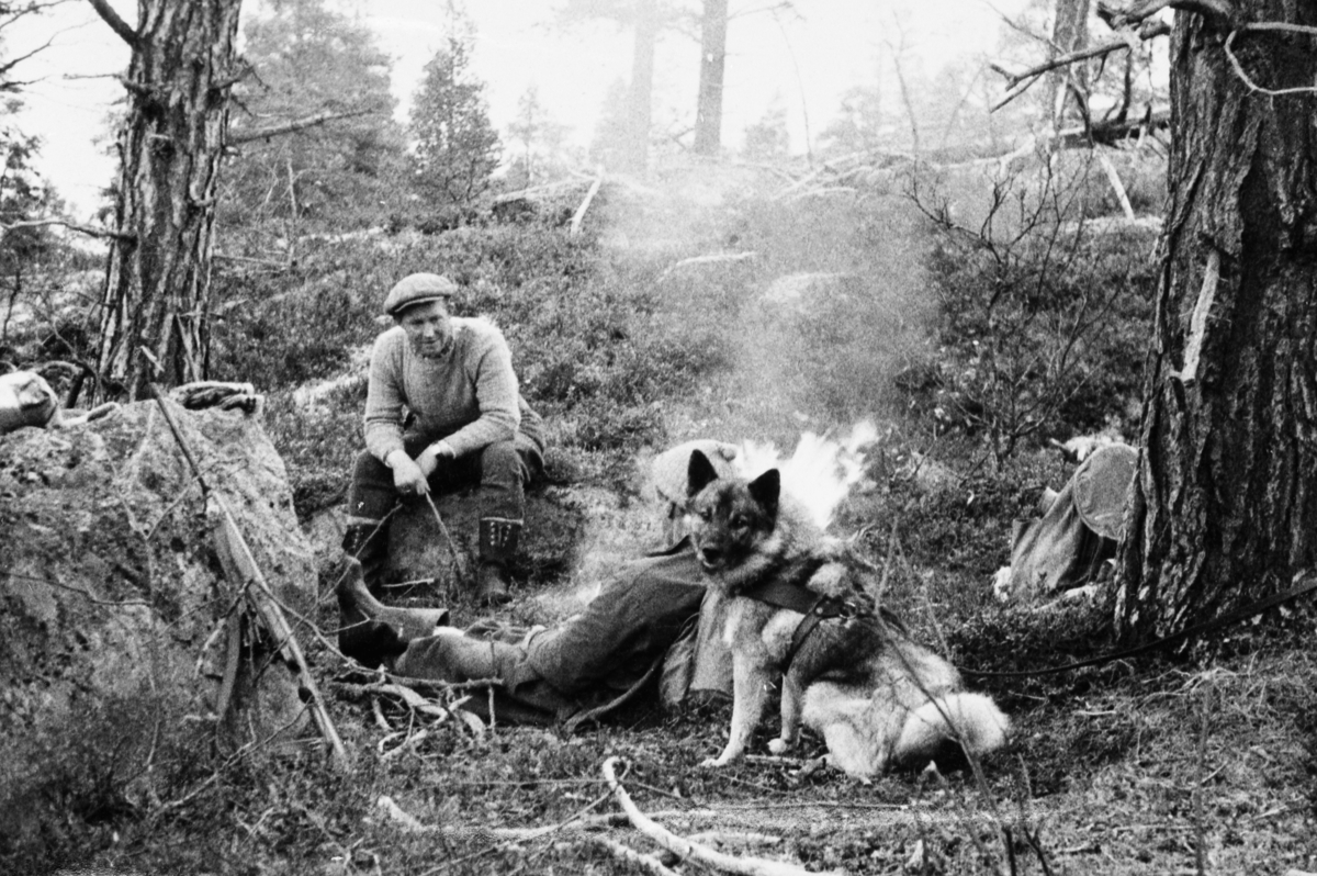 To karer og en hund har rast i Svartbekkdalen under elgjakta 6. oktober 1956