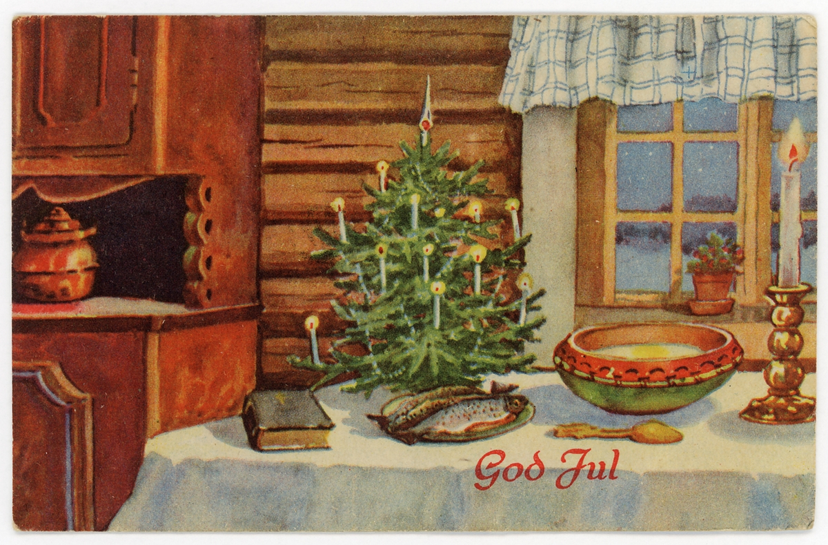 Julekort. Postkort. Motivet viser et julebord dekket med evangeliet, ei lita julegran med levende lys, et fat med ørret og en bolle med grøt og smørøye og en lysestake. Bordet er dekket med en hvit duk.