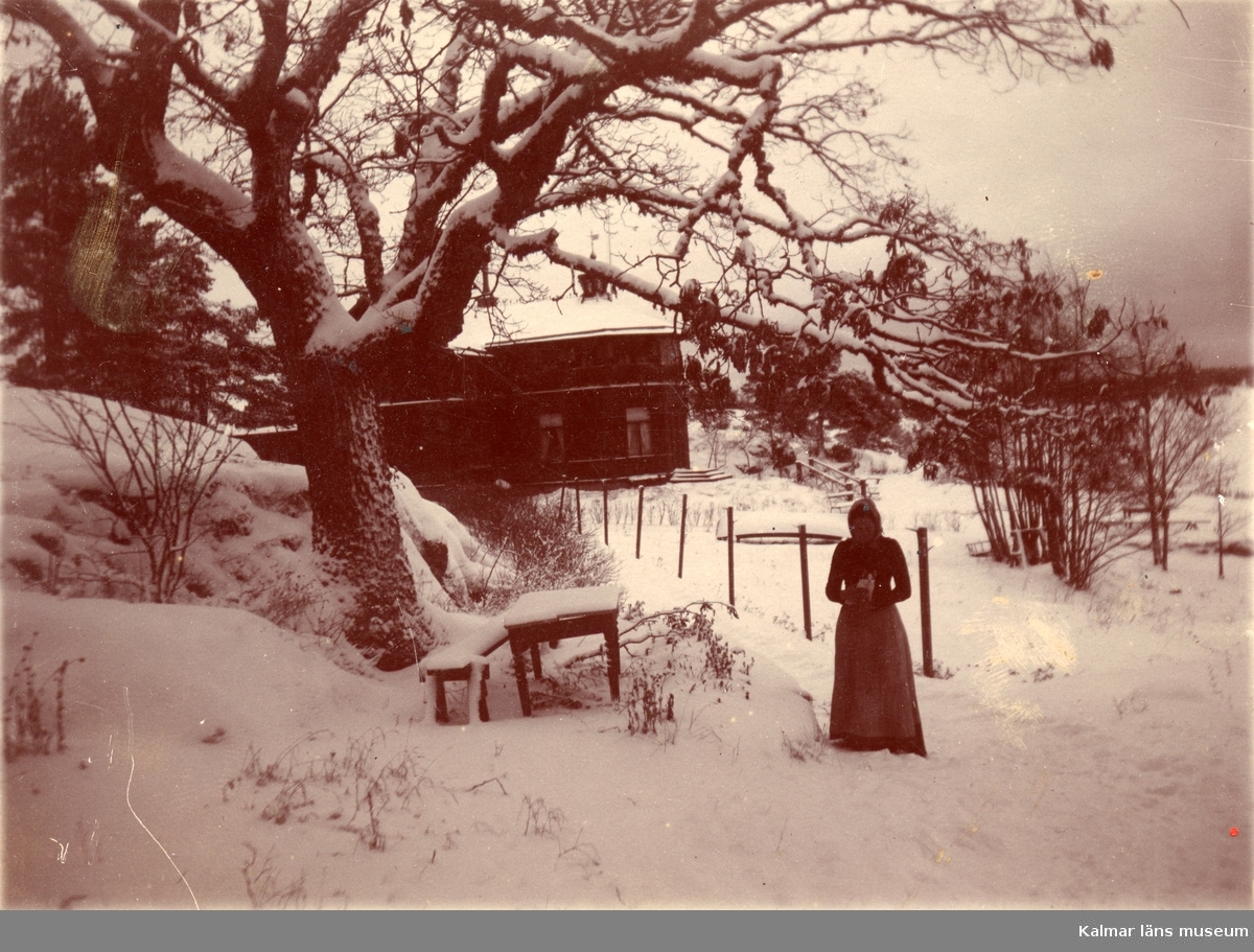 Vintermotiv. En okänd kvinna står ute i snön. Till vänster om henne står ett träd med snötyngda grenar. Bakom henne syns ett hus.