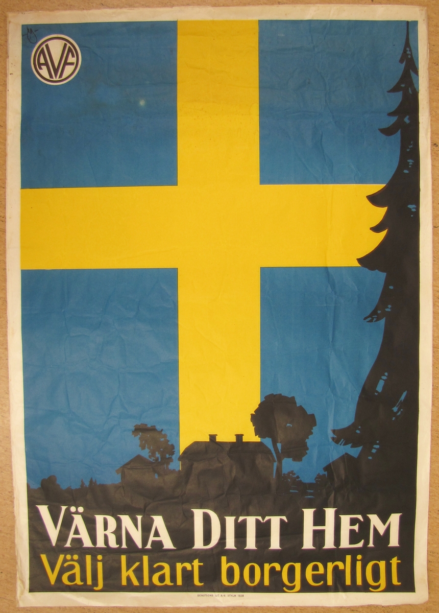 Valaffisch, 1930-tal, för Allmänna Valmansförbundet – högerns riksorganisation åren 1904-1938. Illustratör till affischen är konstnären John Mauritz ”Moje” Åslund (1904-1968).