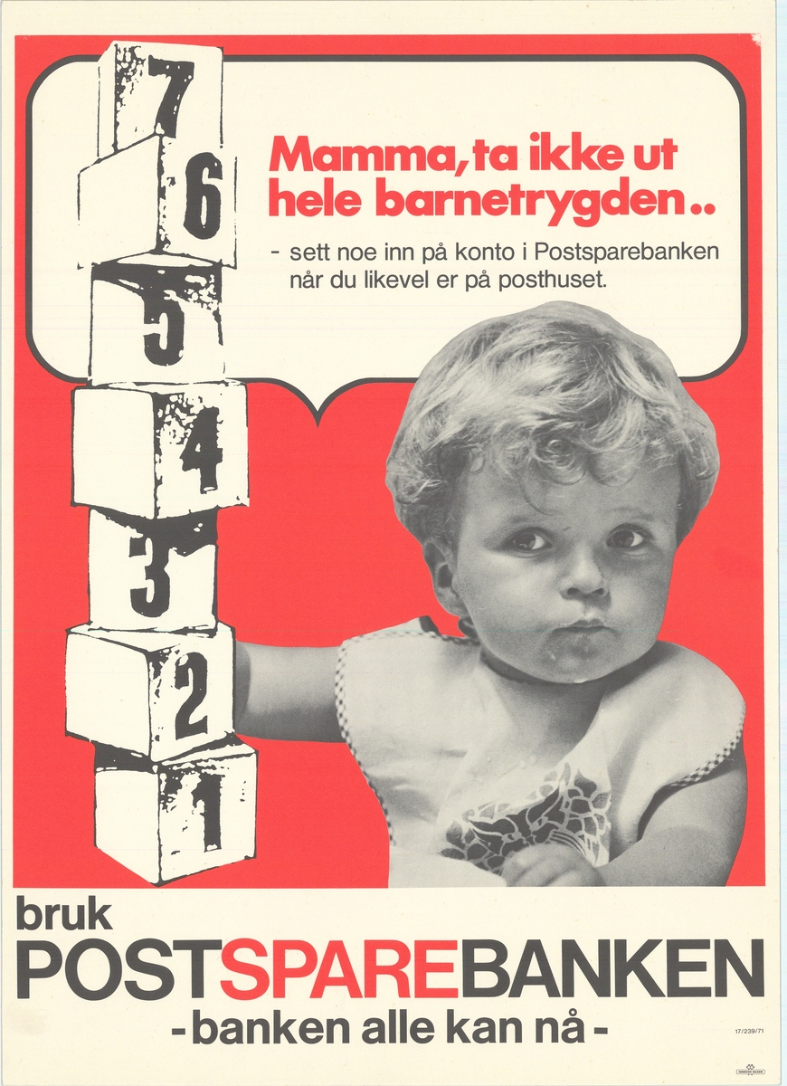 Tosidig plakat med bildemotiv av et lite barn med byggeklosser på rød bakgrunn. Tekst på bokmål og nynorsk på hver sin side.