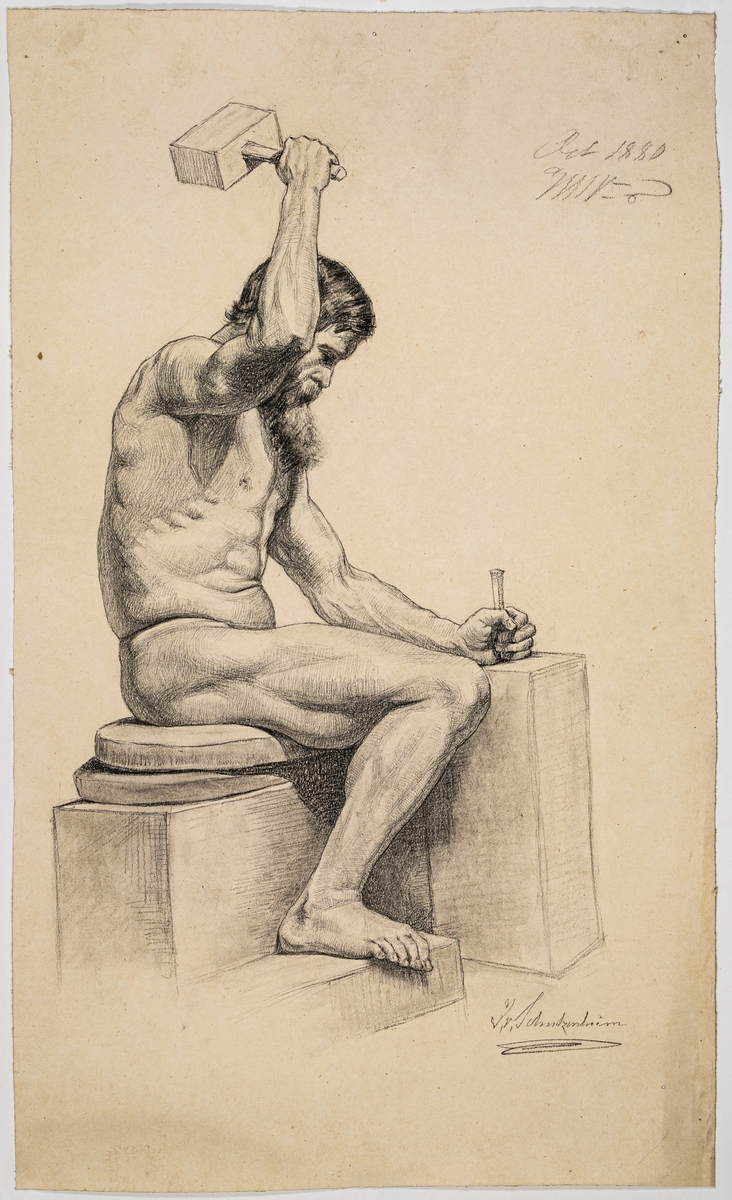 Modellstudie, sittande man som bearbetar ett stenblock med hammare. Kol på papper, signerad I. v.  Schulzenheim. 
Ytterligare påskrift: Oct 1880 WW
