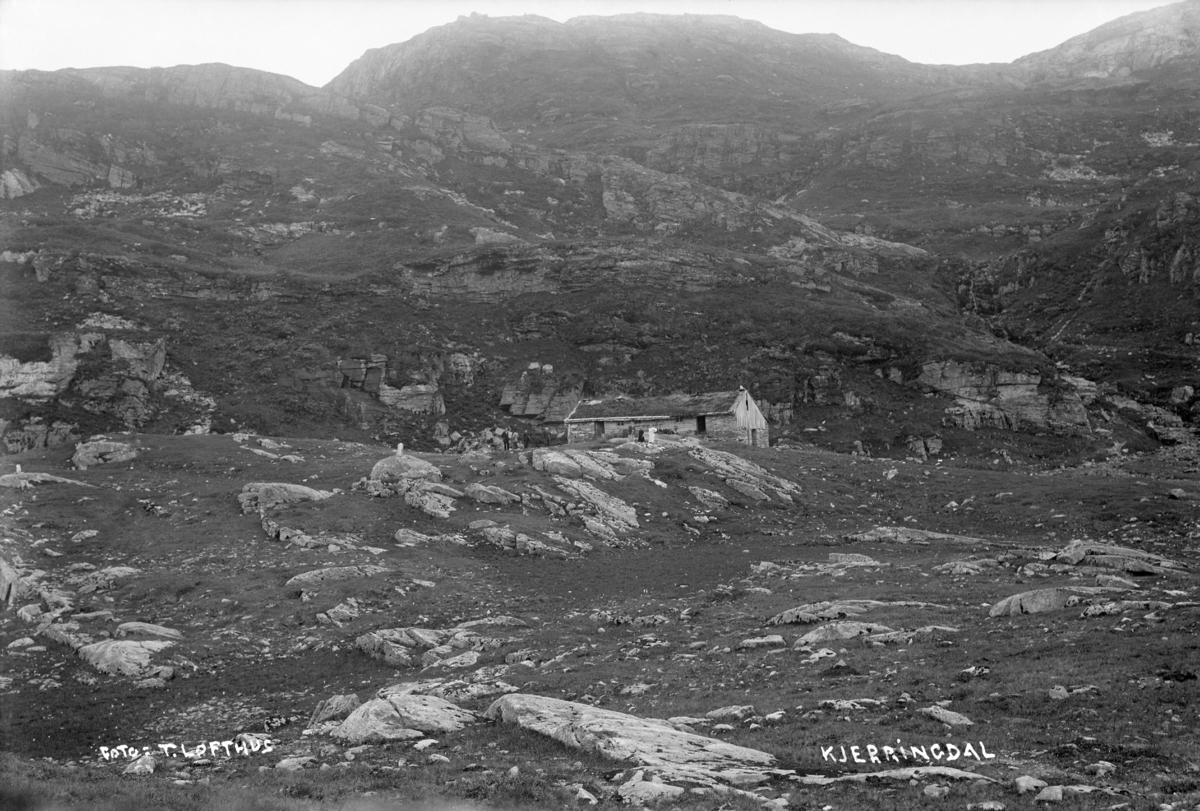 Fotografi av Kjerringdalsstølen, 1913. Tørviksbygd, Kvam, Hordaland. Fotograf: Torstein Lofthus.