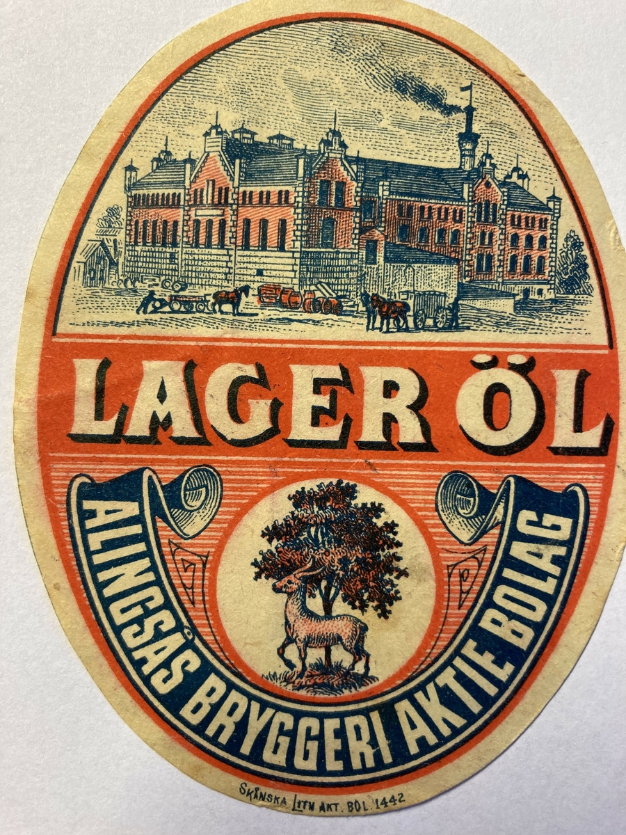 Öletikett

1 - 2  Oval etikett med bild av Alingsås bryggeri, Alingsås stadsvapen och texten LAGER ÖL
ALINGSÅS BRYGGERI AKTIEBOLAG