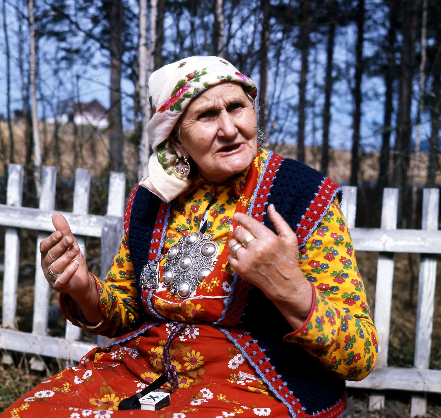 Jenny Emilie Pedersen, «Milla», wearing her diklo and brooch, ca 1973.