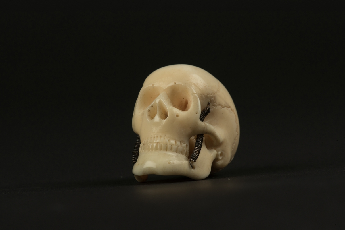 Osteologiskt miniatyrkranium av ben.
Ett detaljrikt skuret litet kranium med metallfjädrar för käken. Kraniet är skuret av bataljonsläkaren Richard Gyllencreutz.
Enligt museets ursprunglig katalog ska kraniet vara tillverkat av mammutben.
