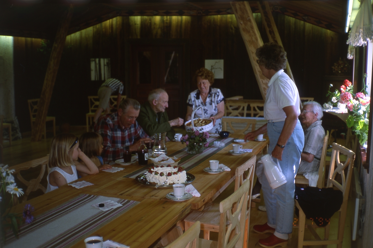I ett rum sitter en grupp människor och fikar, Sunnanåker 2 juli 1994. Det bjuds på tårta. Hildings bilder pryder väggarna. Adéle i svartvit blus serverar.