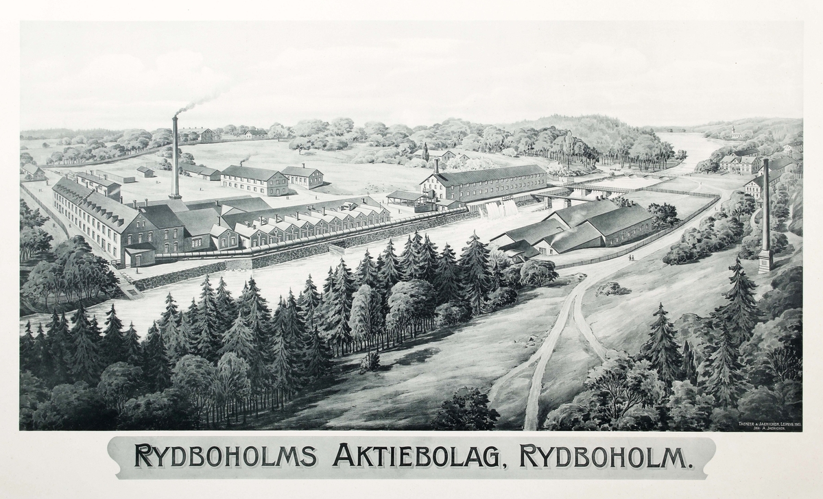 Tryck efter målning. Motiv av Rydboholms fabriksområde. Märkt: Taenzer & Jaenichen, Leipzig, 1903. Proveniens Rydboholms AB, Rydboholm.

Ytterligare 3 stycken tryck finns, som rekvisita på samma rulle.
