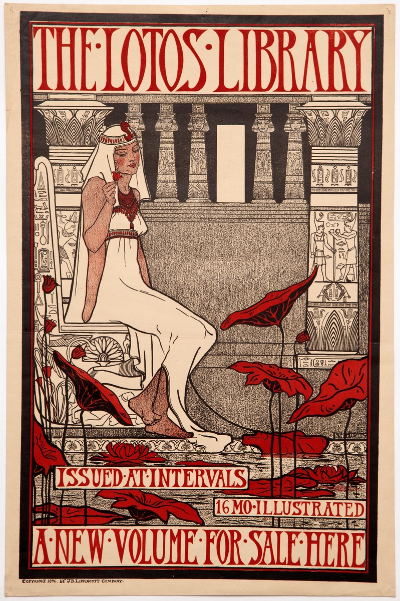 Fremstilling av en egyptisk kvinne i hvit kjole og hodeplagg sittende på en trone. Kvinnen holder en liten blomst i høyre hånd. I bakgrunnen er det en egyptisk søylehall og i forgrunnen store røde blomster.