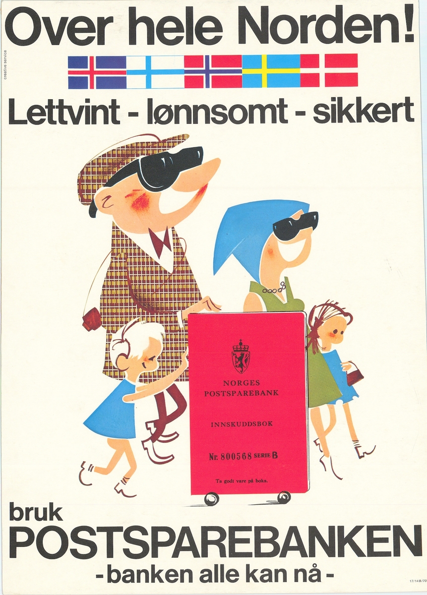 Reklameplakat for Postsparebanken med de nordiske flaggene og en rød Postsparebankbok.