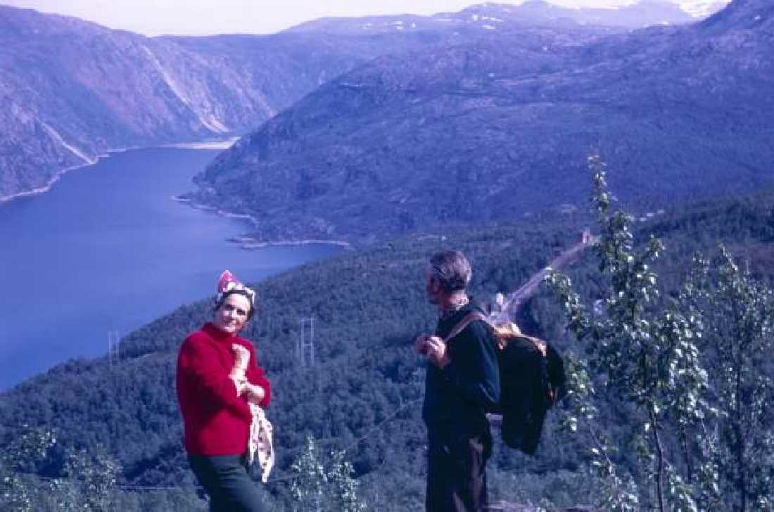 Et par på tur i fjellet.  Rombaksfjorden fotografert fra Ornelvskaret.  Rombak stasjon t. h. Inndre Sildvik i den første bokta.