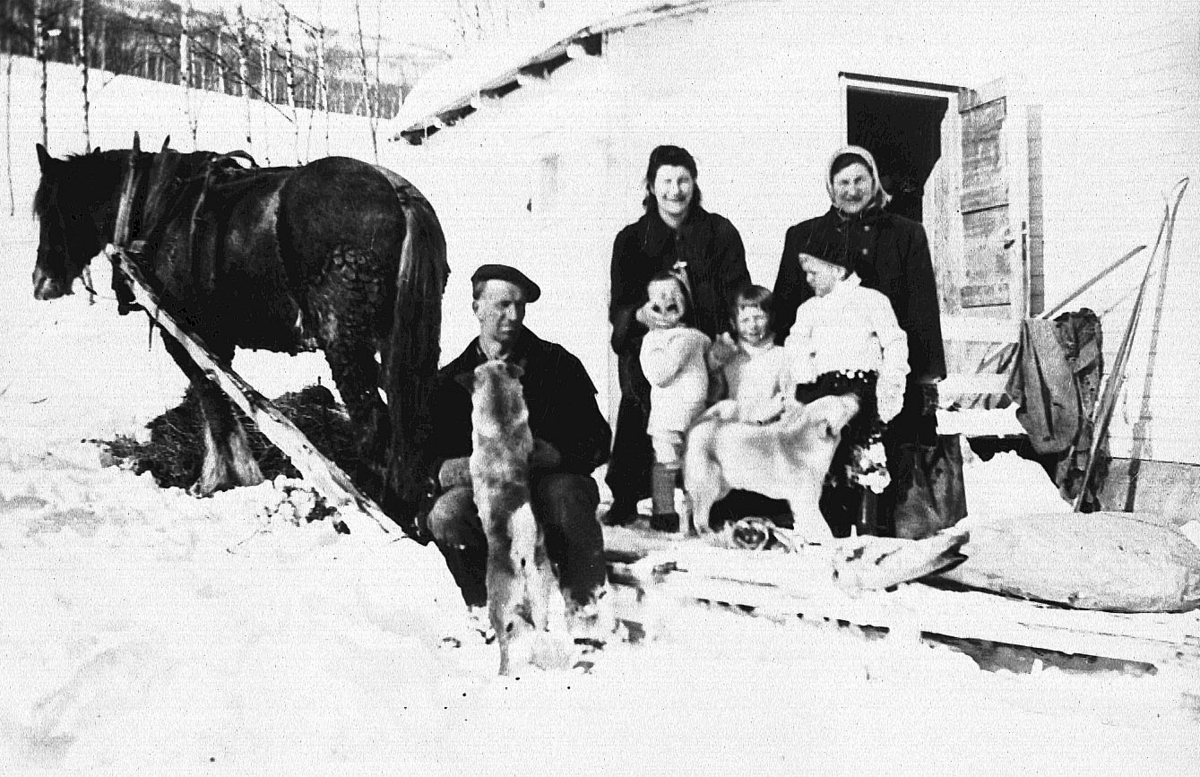 Johan Skoheim og familie med hest og slede, Einan