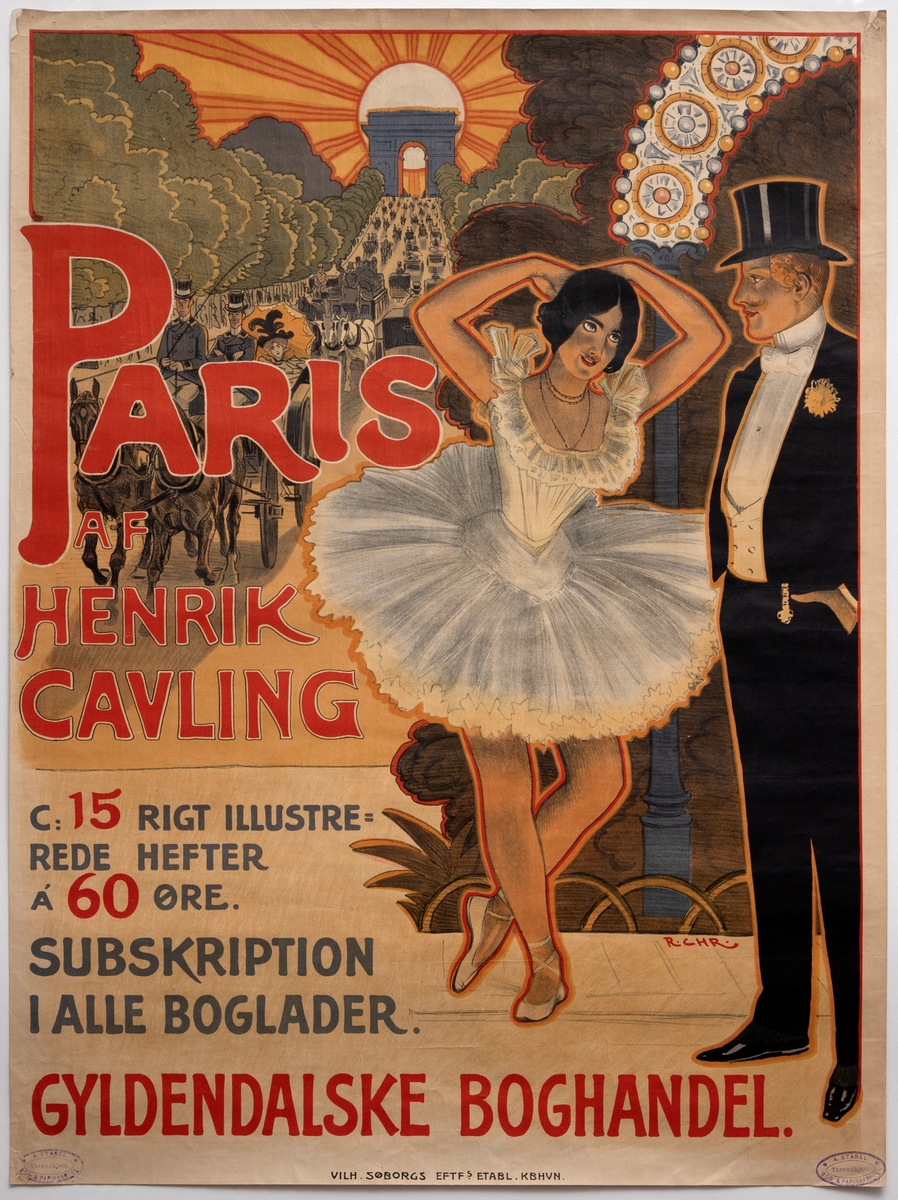 I forgrunnen til høyre er det fremstilt en kvinne i hvitt ballettskjørt og en mann i svart dress med flosshatt. I bakgrunnen til venstre Champs-Élysées med hestevogner og triumfbuen med solen bak.