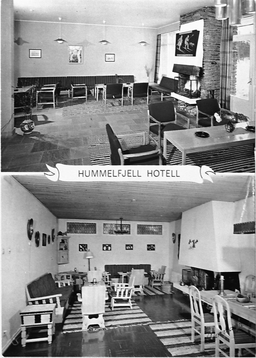 Prospektkort av interiøret ved Hummelfjell Hotell på Os. 