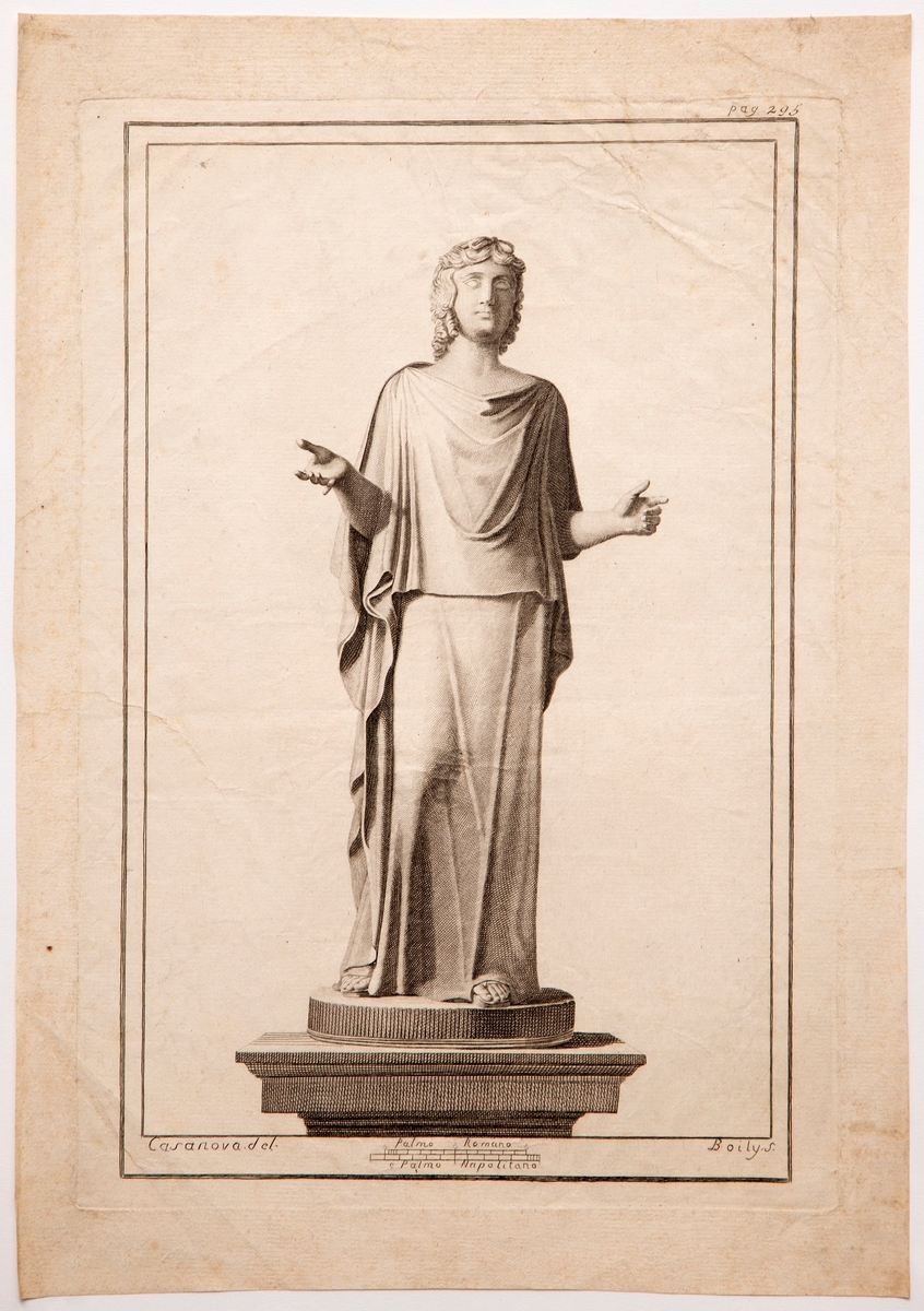 Motivet viser en romersk skulptur av en kvinne som er iført peplos, som står på en base. Hennes gest minner om et orantmotiv