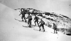 Fem skiløpere på tur i fjellet.