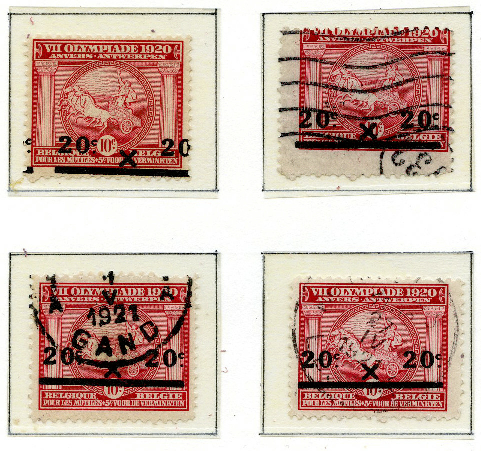 21 røde frimerker med bilde av en atlet i en vogn trukket av fire hester. Alle frimerkene er stemplet 20 X 20. I tillegg er flere av frimerkene stemplet. 