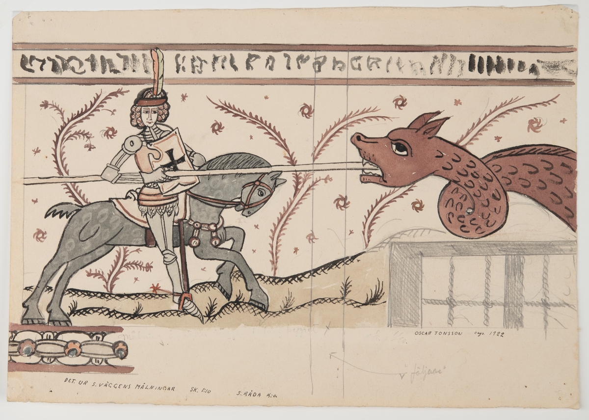 Detalj av södra väggens målningar, troligen föreställande S:t Göran och draken.