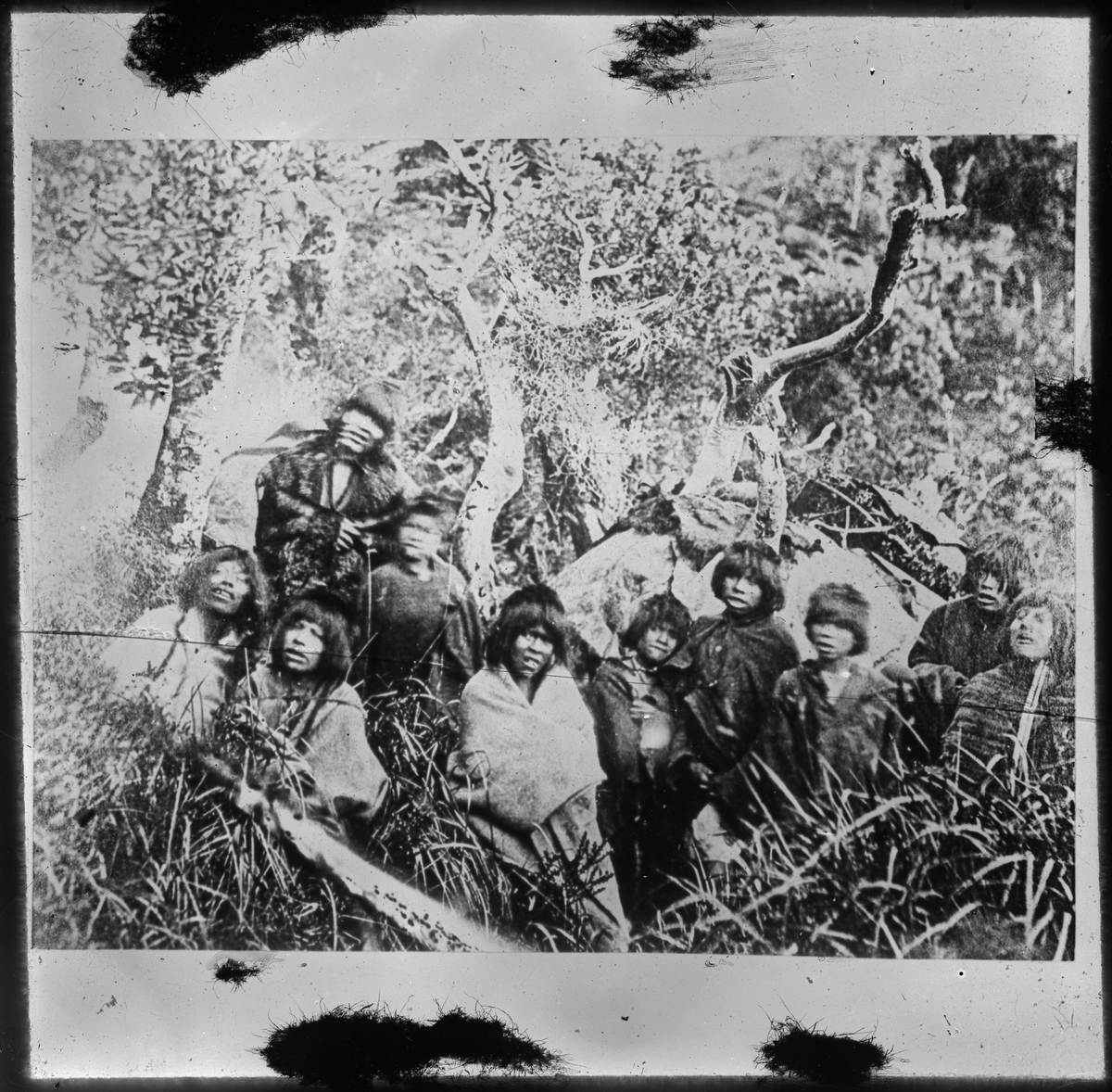 Bilden visar en grupp urinvånare från Patagonien i urskogen.
