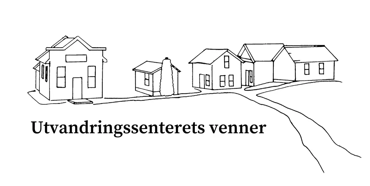 Prærielandsbyen i silhuett med tekst, "logo" Utvandringssenterets venner