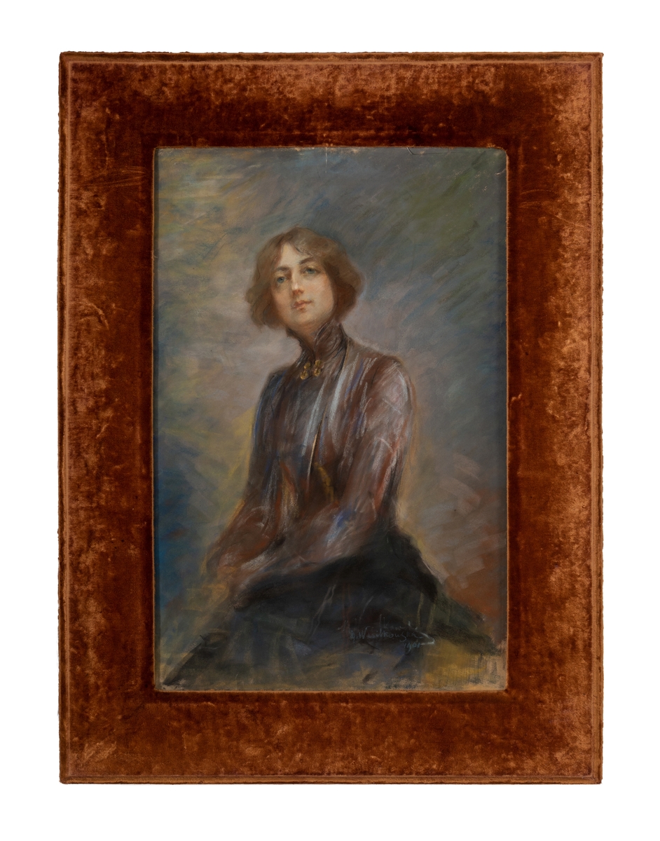 3/4-dels portrett av en kvinne. Bakgrunn i blåtoner. Portrett av Dagny Juel. 