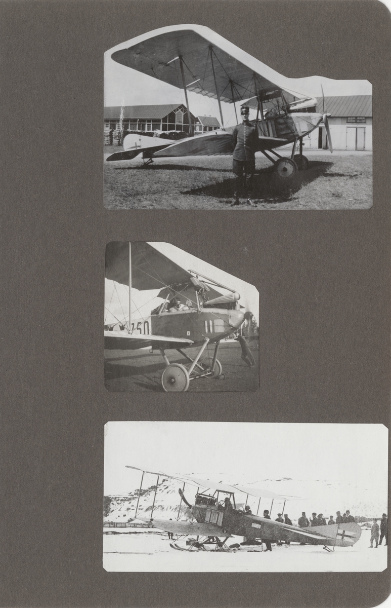 Motorkörning inför start av flygplan SW 12 (Albatros) märkt nummer 750, cirka 1917-1925. Flygförare i sitsen och två mekaniker runt flygplanet.
