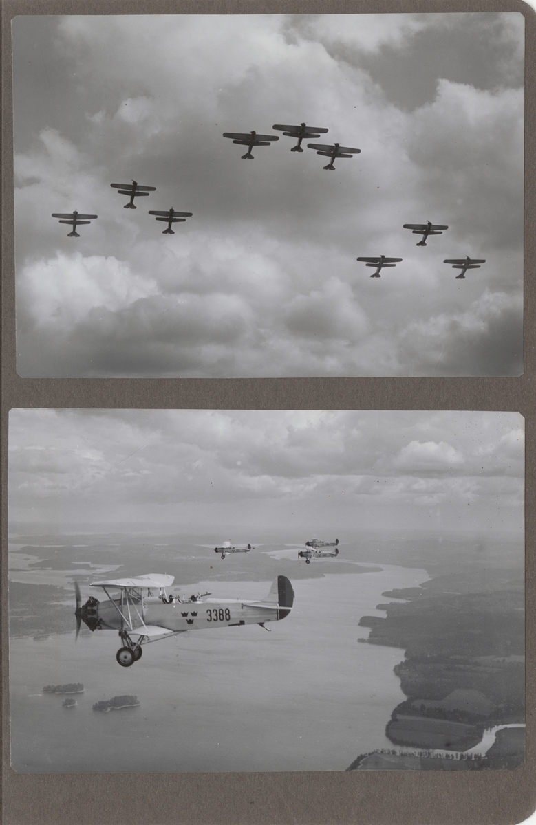 Fyra flygplan S 6, Fokker C. VE i luften över landskap, cirka 1930. Flygbild. Flygplan märkt 3337, 33386, 3387 samt 3388.