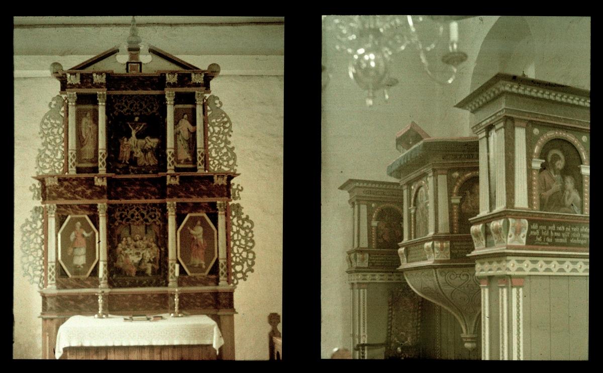 Interiør, kirkeinventar, altertavle og prekestol. Tilhører Arkitekt Hans Grendahls samling av stereobilder. To eksponeringer på en plate.