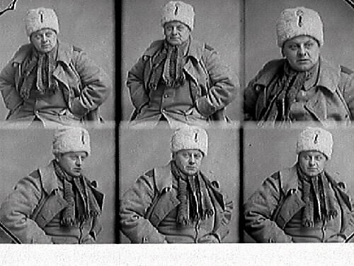 Sex olika bilder sammanfogade till en kontaktkarta. Vinterklädd man, möjligen militär, i en märkvärdig vit, hög mössa med ett märke framtill (se bild 2), halsduk och rock med klaffar.