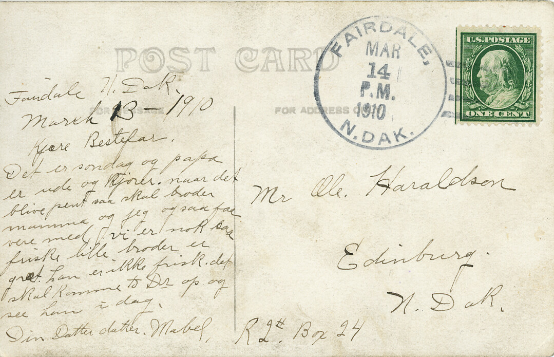 Postkort sendt mellom norskamerikanarar i USA.  Skrive 13. mars 1910, send dagen etter..