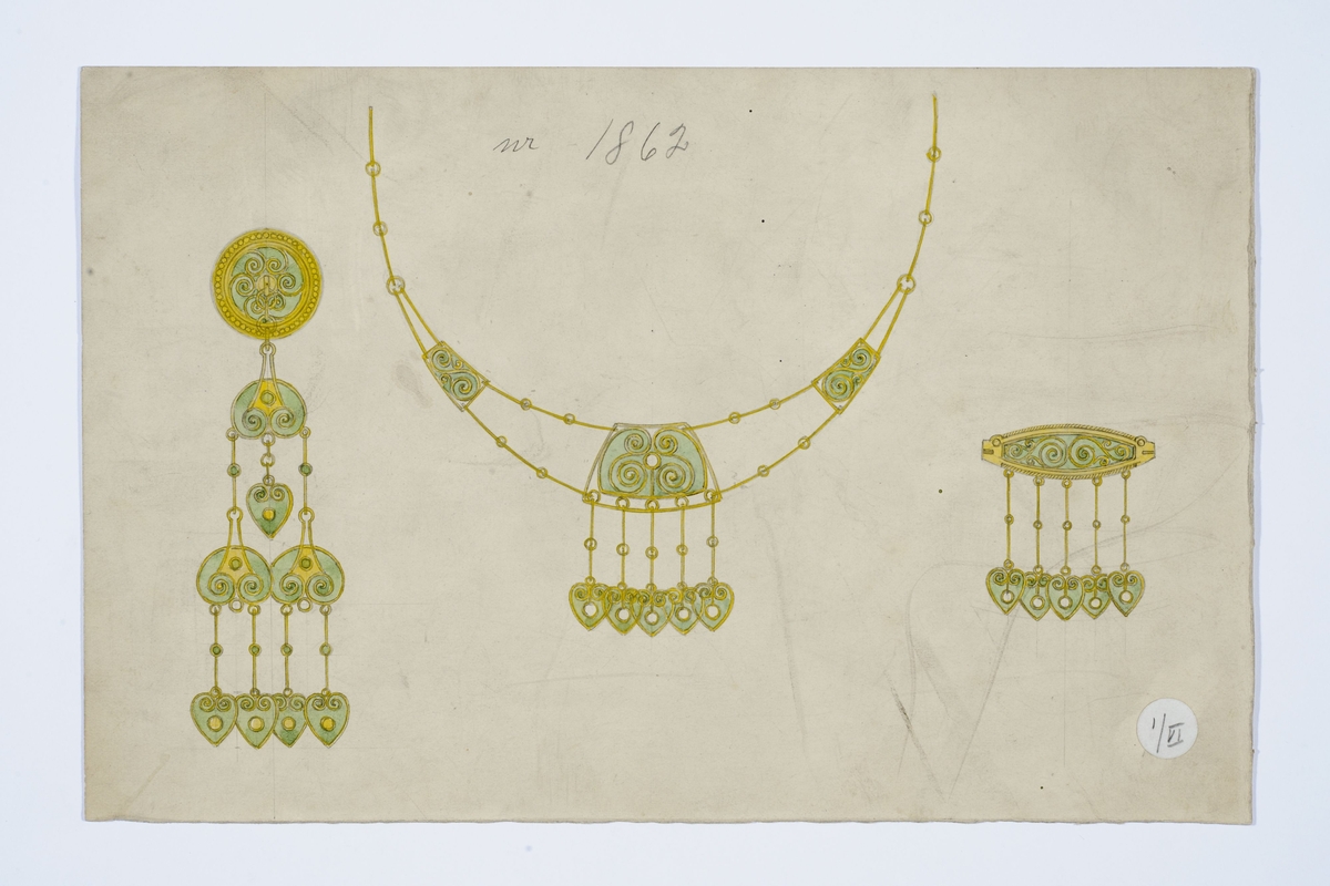 Uttegning av collie og nåler i filigran/emalje. Fra David Andersen-perioden.