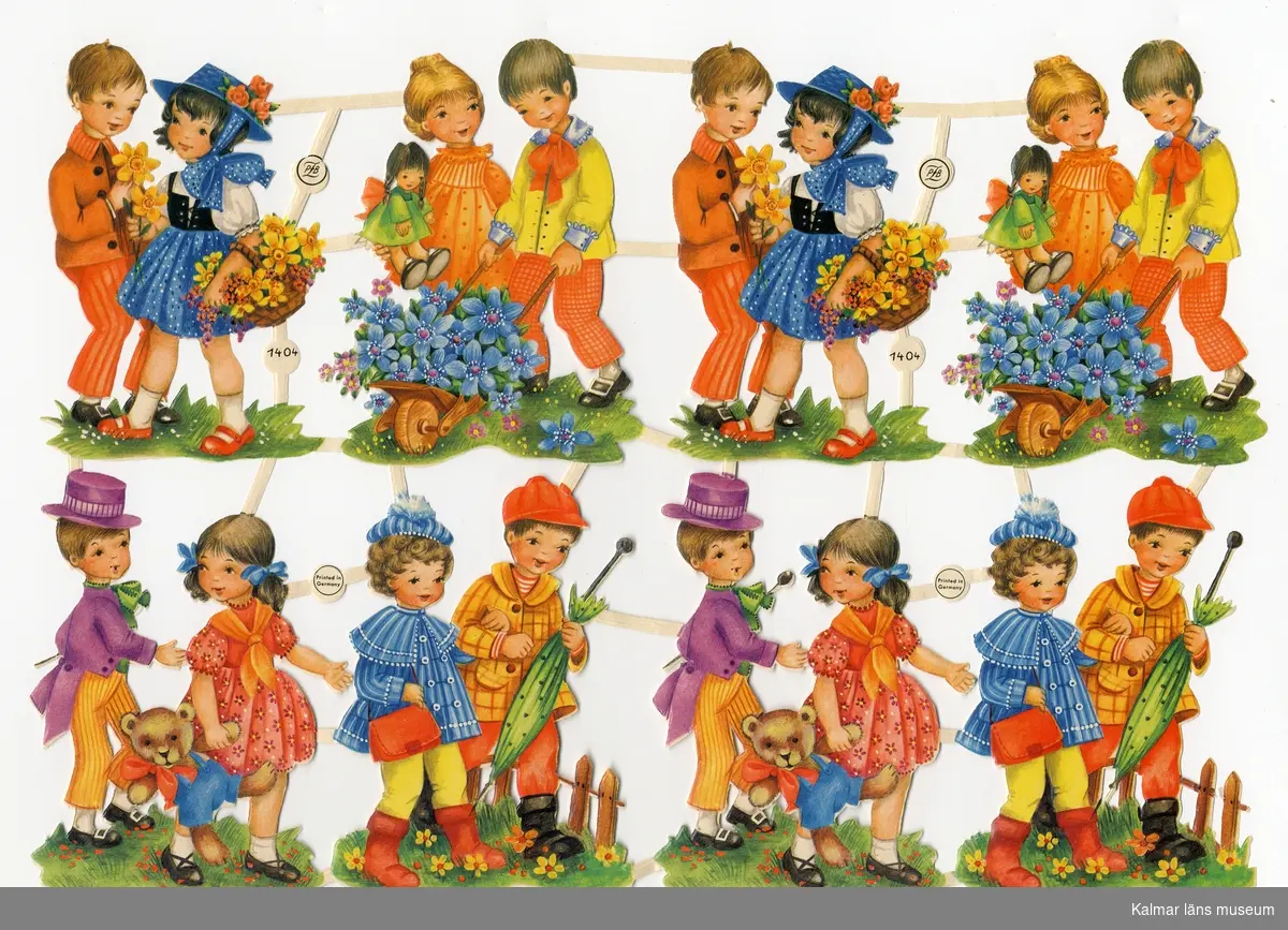 Barn i par om en pojke och en flicka, i färggranna, lite gammaldags kläder, Skottkärror med blommor, nallar, blomsterkorgar. Fyra olika par, två av varje.