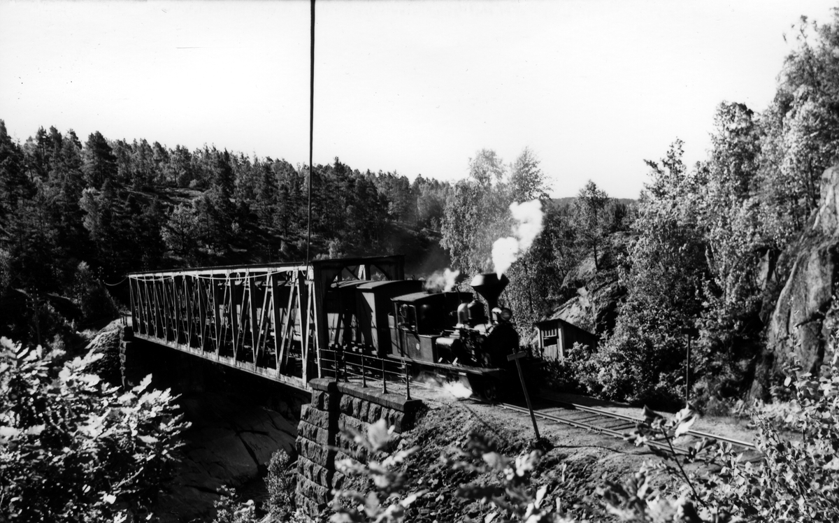 Setesdalsbanen.  Lok nr 2 kjører over Paulen bru. Den gamle vakthytta /smia til høyre i bildet. August 1962.
