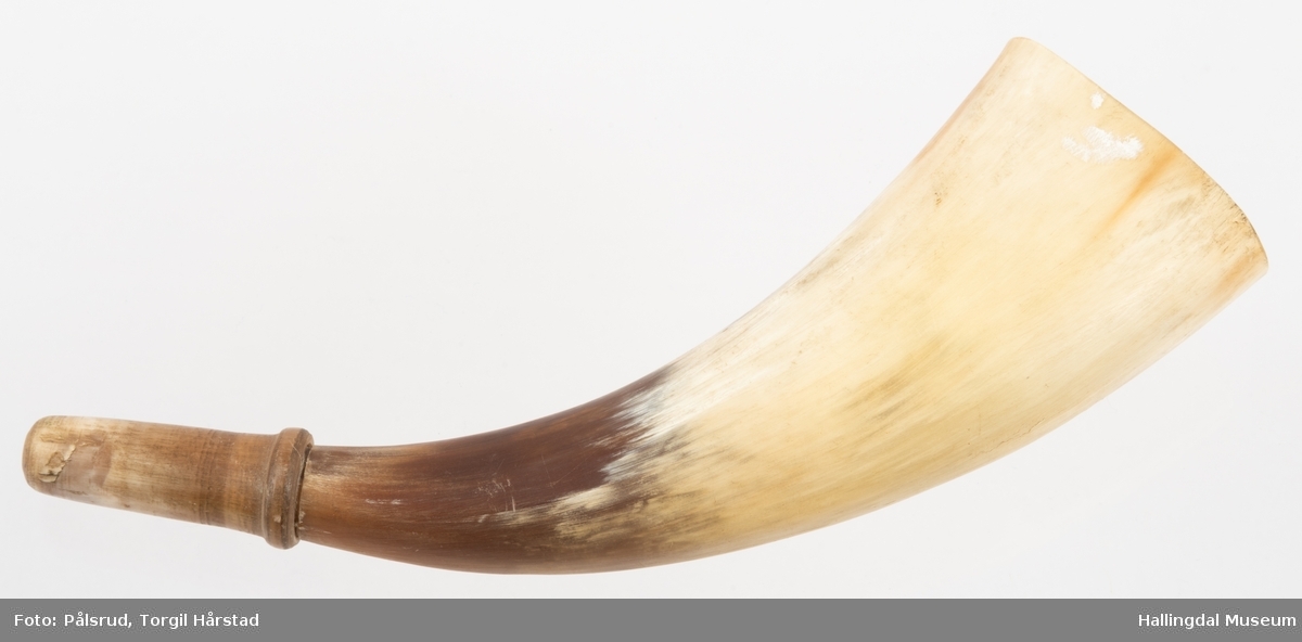 Krutthorn laget av flatpresset horn i den brede enden, som også har en bred åpning - treplate antatt mangler. Munnstykket er lager av antatt dreid horn, et separat stykke som er festet på. Åpningnen fremme er rund.