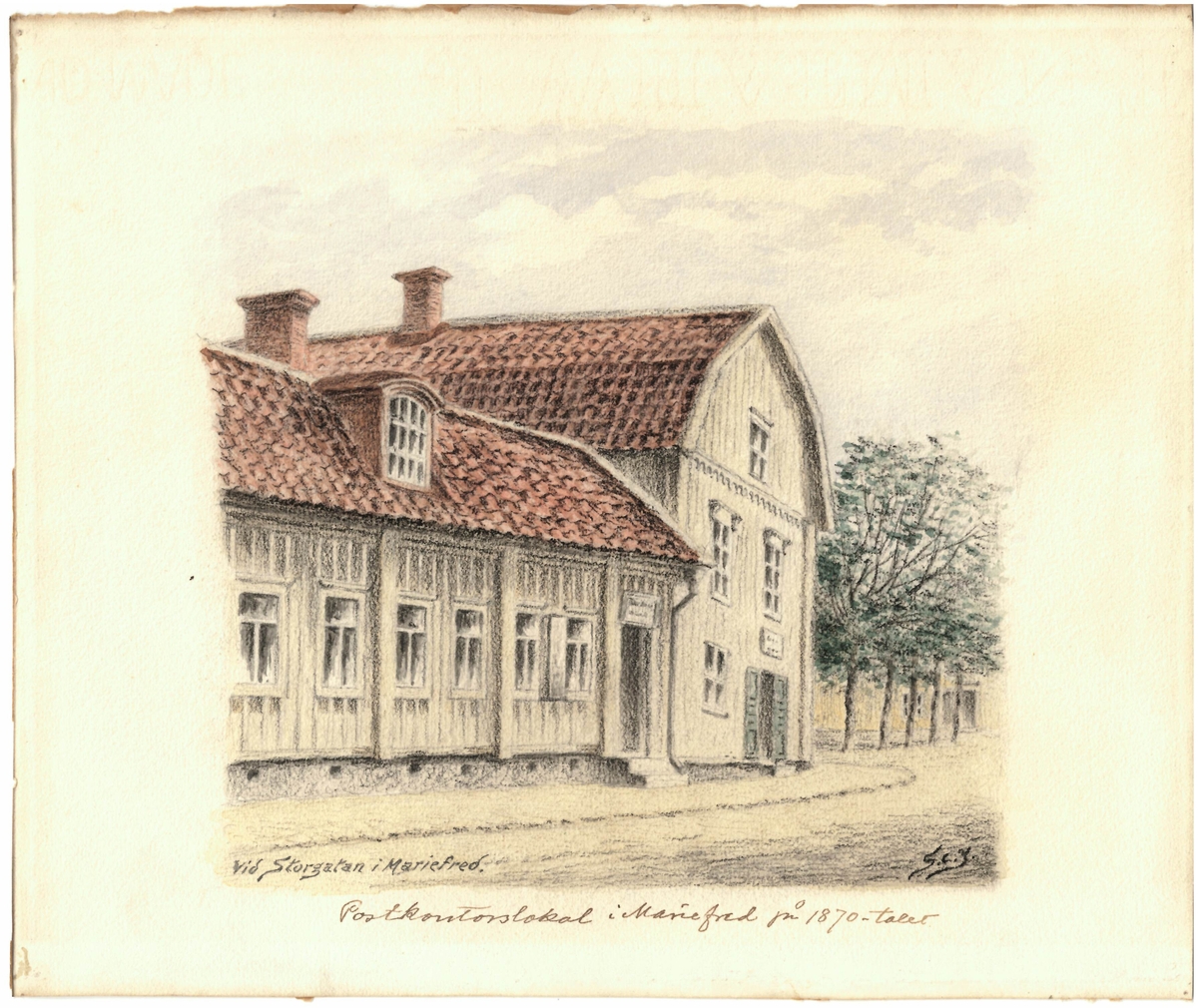 Storgatan i Mariefred, Södermanland. Postkontor på 1870-talet.