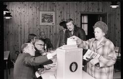 Stemmeseddel legges i urnen i et valglokale i Evenes.