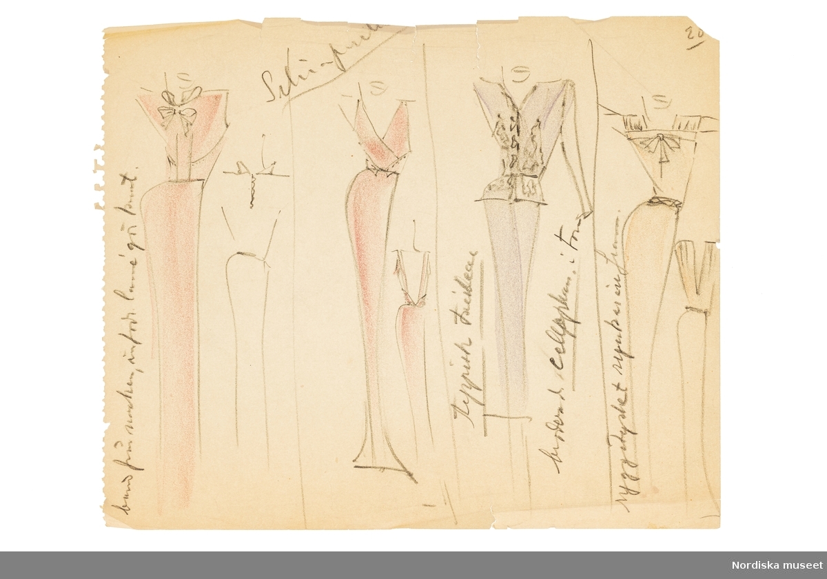 Modeskisser utförda av Pelle Lundgren (1896-1974) kreatör, från 1923 förste försäljare och senare ateljéchef på NK:s Franska damskrädderi. Från 1965 till stängningen av verksamheten 1966 var han disponent. Pelle Lundgrens minnesskisser från de kända modehusen i Paris är tecknade efter visningarna, i ritblocket eller på det som fanns till hands – som hotellets brevpapper. De snabba skisserna inspirerade ateljéns egna modeller. Här ses teckningar utförda våren 1939 med plagg från exempelvis Chanel, Schiaparelli, Paquin, Piquet, Rouff och de Rauch.