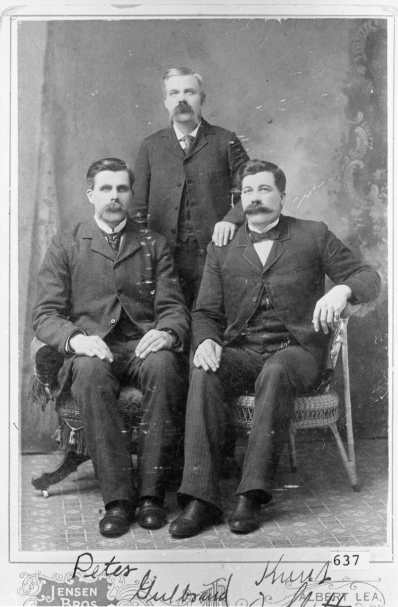 Atelierfoto av tre menn, tatt i Albert Lea, Minnesota. Antagelig rundt 1900-10. Usikker identitet, men etterkommere av Petter O. Slette som døde ung. Enken Mari emigrerte til USA med barneflokken.