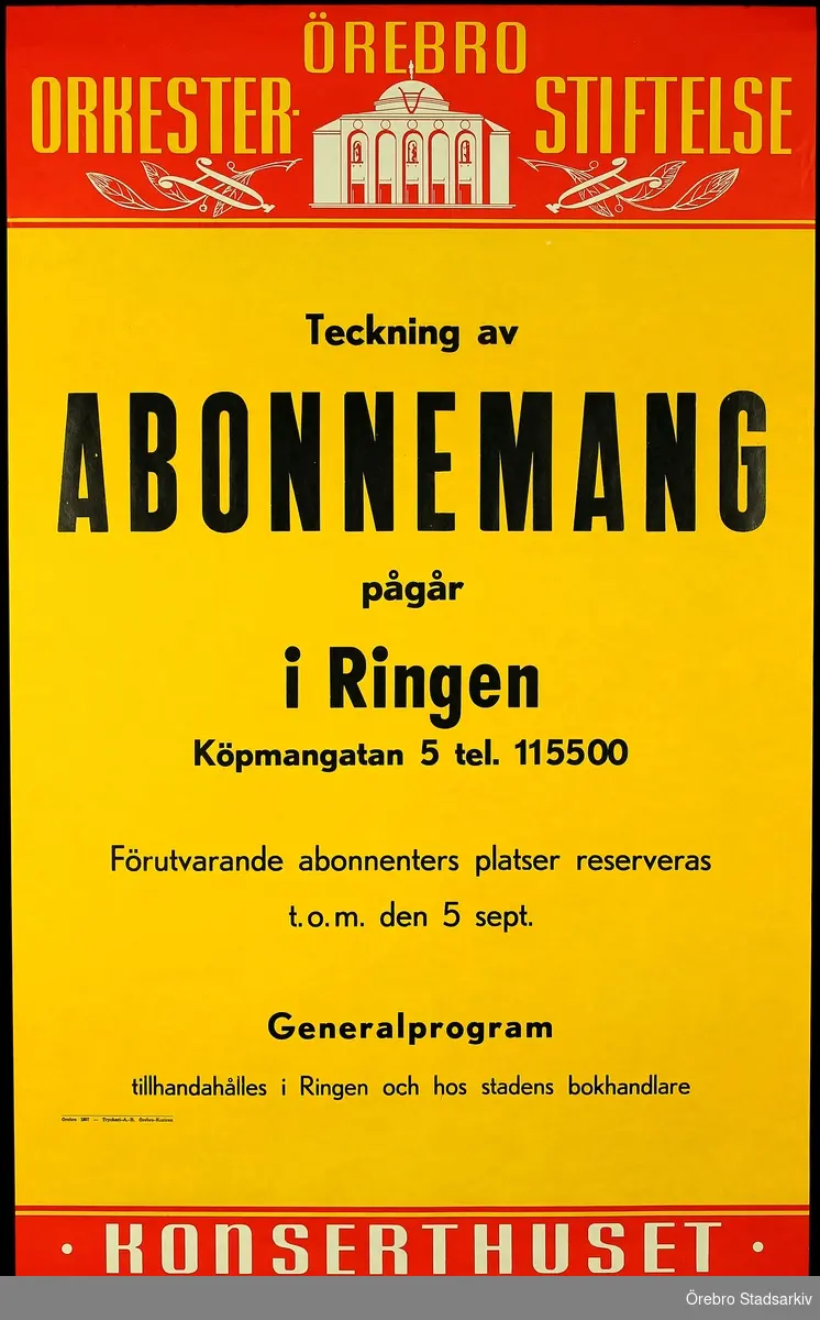 Konserthuset Örebro, 1957. Affisch. Abonnemangsteckning av Örebro orkesterstiftelse