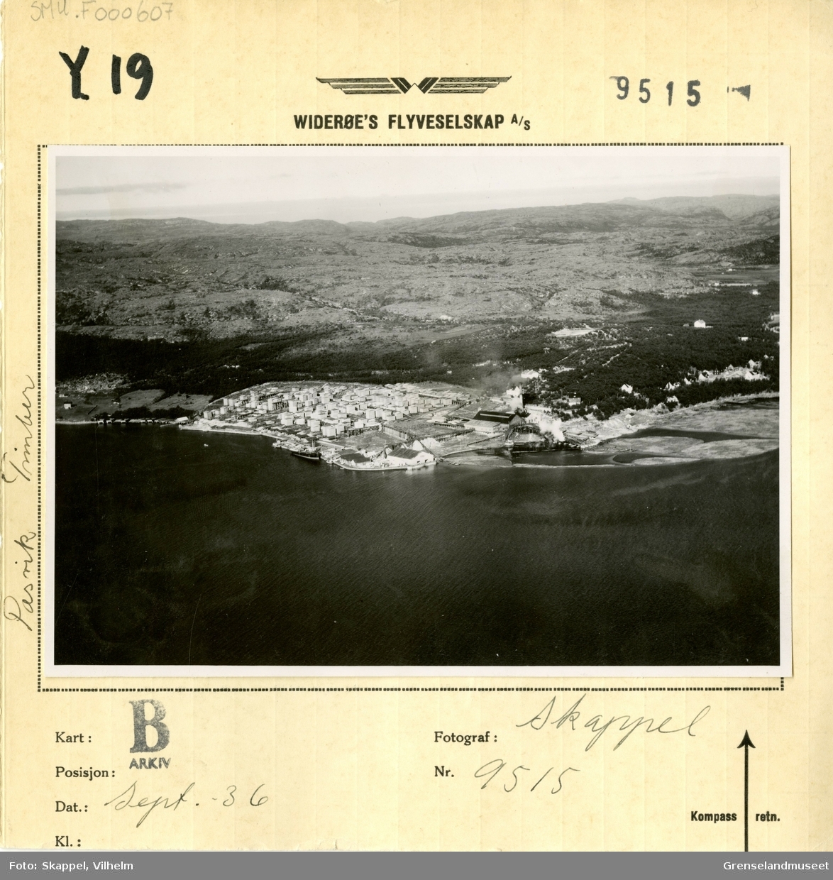 Flyfoto av Pasvik Timber på Jakobsnes tatt september 1936. 