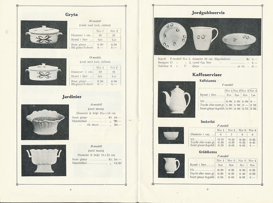 Produktkatalog, priskurant, supplenet till 1927 års priskurant över produktion av keramik vid Aktiebolaget Gefle Porslinsfabrik.