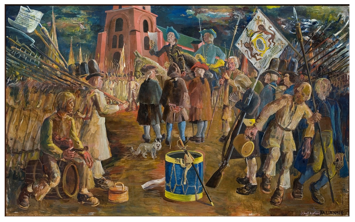 Dalkarlarna samlas vid Kristine kyrka i Falun inför vandringen mot Stockholm för att protestera mot hattregeringen under frihetstiden. Dalupproret 1743 kallas Den stora daldansen.