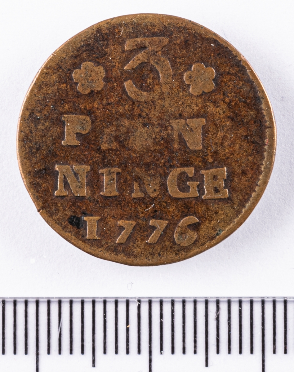 Mynt, besittningsmynt, 3 pfennige, Gustav III.
Präglat i Stralsund (Pommern) 1776.