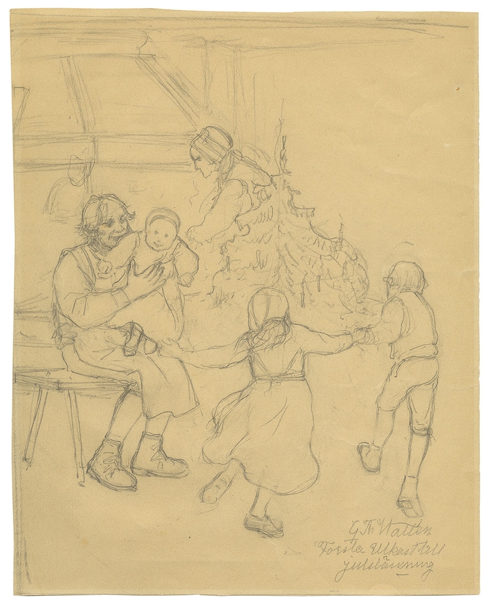 Äldre man sitter med litet barn i famnen medan två andra dansar kring julgranen och en kvinna står i bakgrunden vid härden.